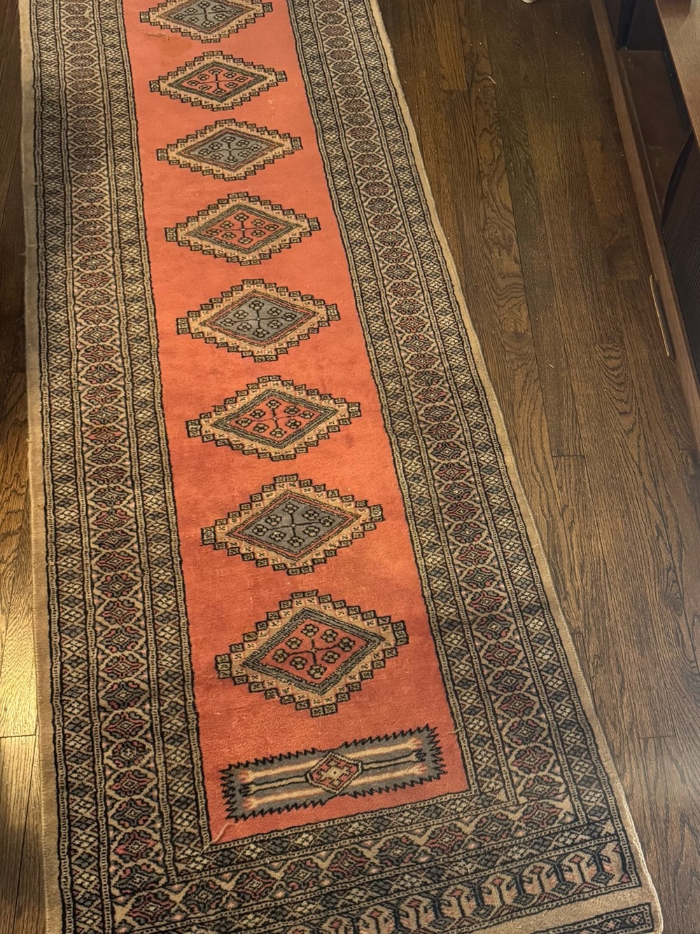 VTG 31x121 Hand-Knotted Persian Tribal Runner Rug Salmon Beige Diamond Medallion